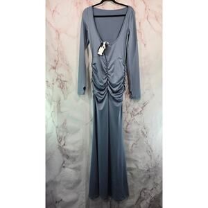 Innovare Denim Dress Womens Medium Blue Borys Bow Ruch Maxi Long Sleeve